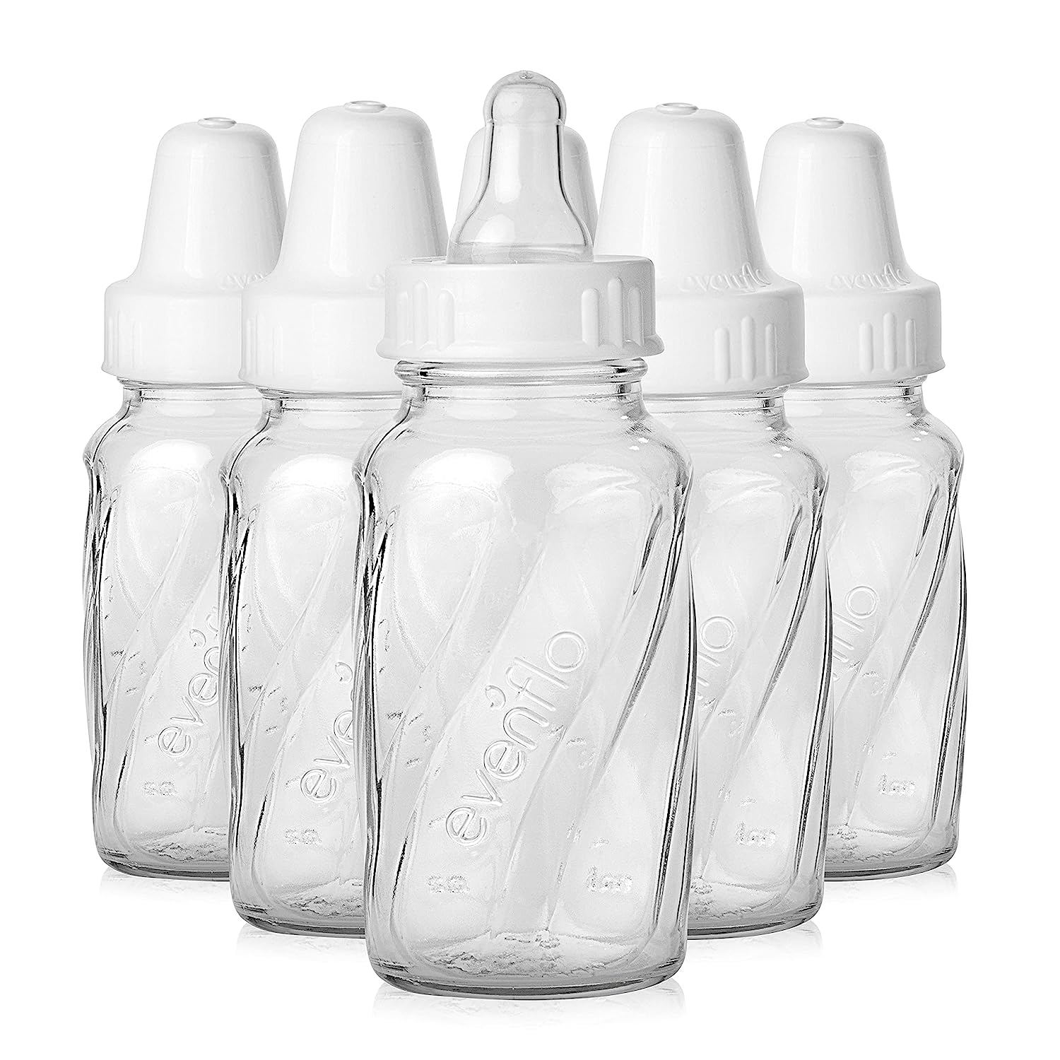 Evenflo Classic Glass Bottle angled view with ergonomic twist for easy feeding.