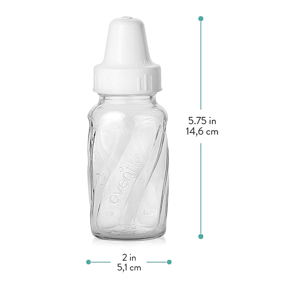 Evenflo Classic Glass Bottle measurement markers in ounces and milliliters for easy volume tracking.