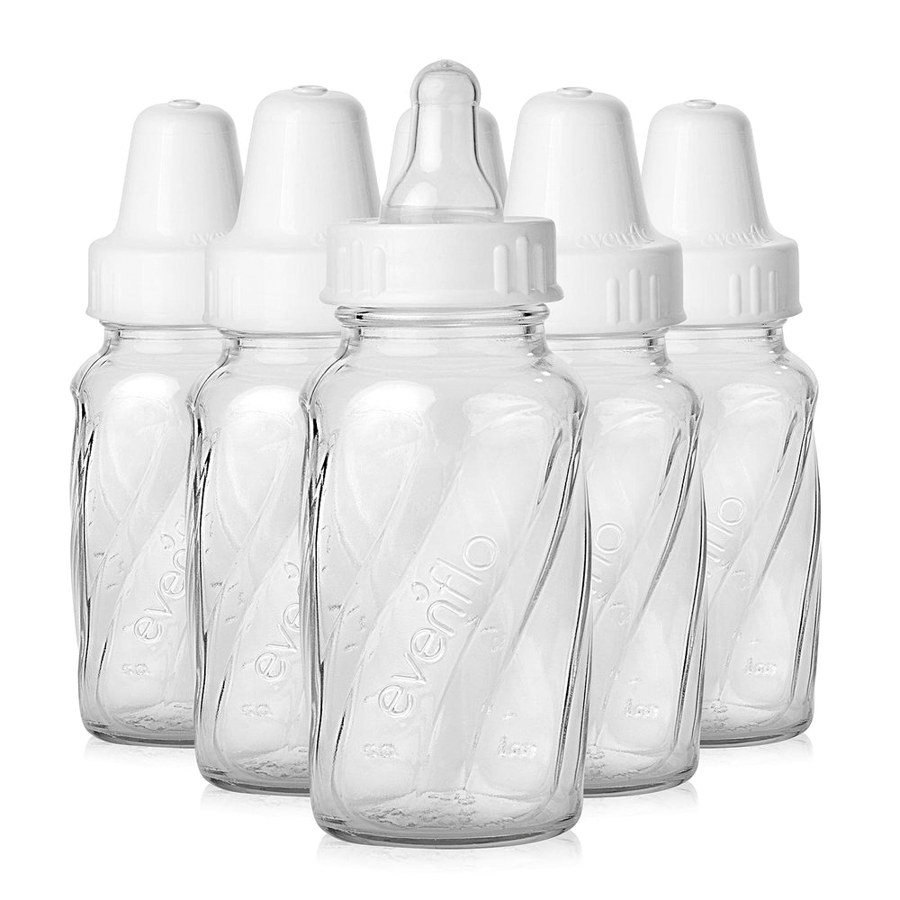 Evenflo classic glass twist bottle assembly shows easy-clean design for quick, hygienic feeding routines