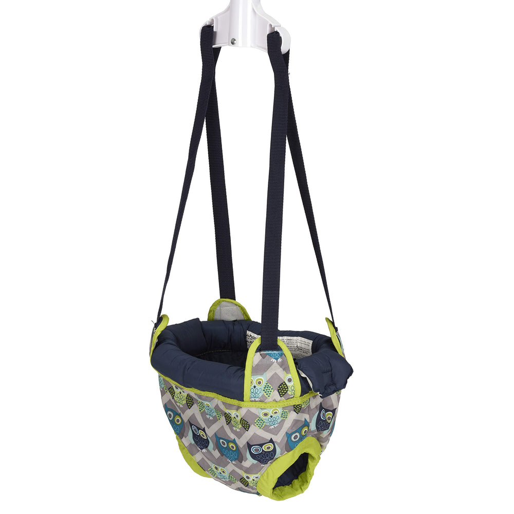 Evenflo Exersaucer Owl Door Jumper shows adjustable straps for growing babies.