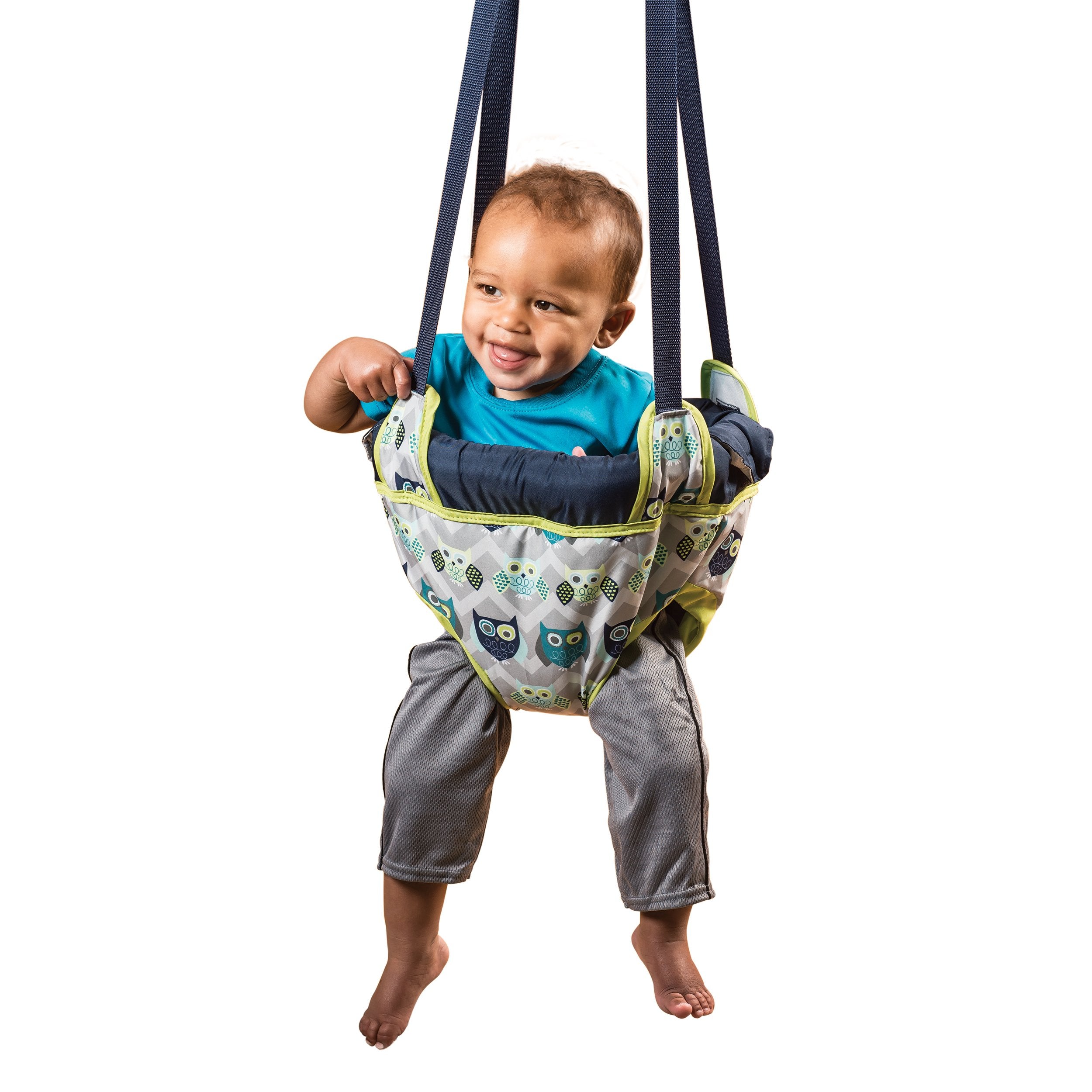 Evenflo Exersaucer Owl Door Jumper clamp attachment demonstrates quick tool-free setup.