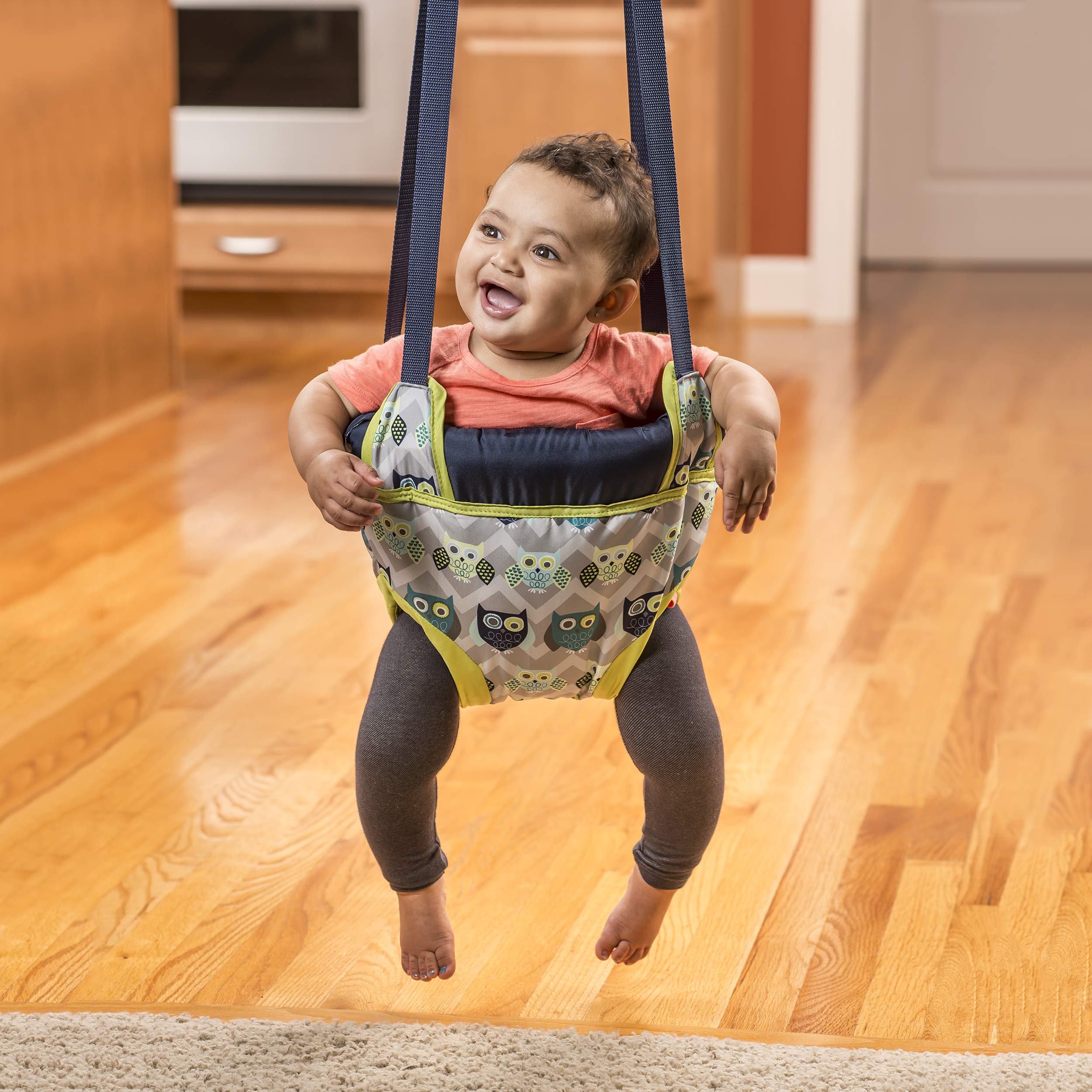 Evenflo Exersaucer Owl Door Jumper no-tool setup enables easy travel use.
