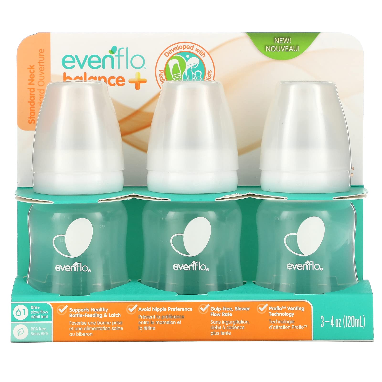 Evenflo Balance+ 4oz bottle front view showing compact design for easy handling