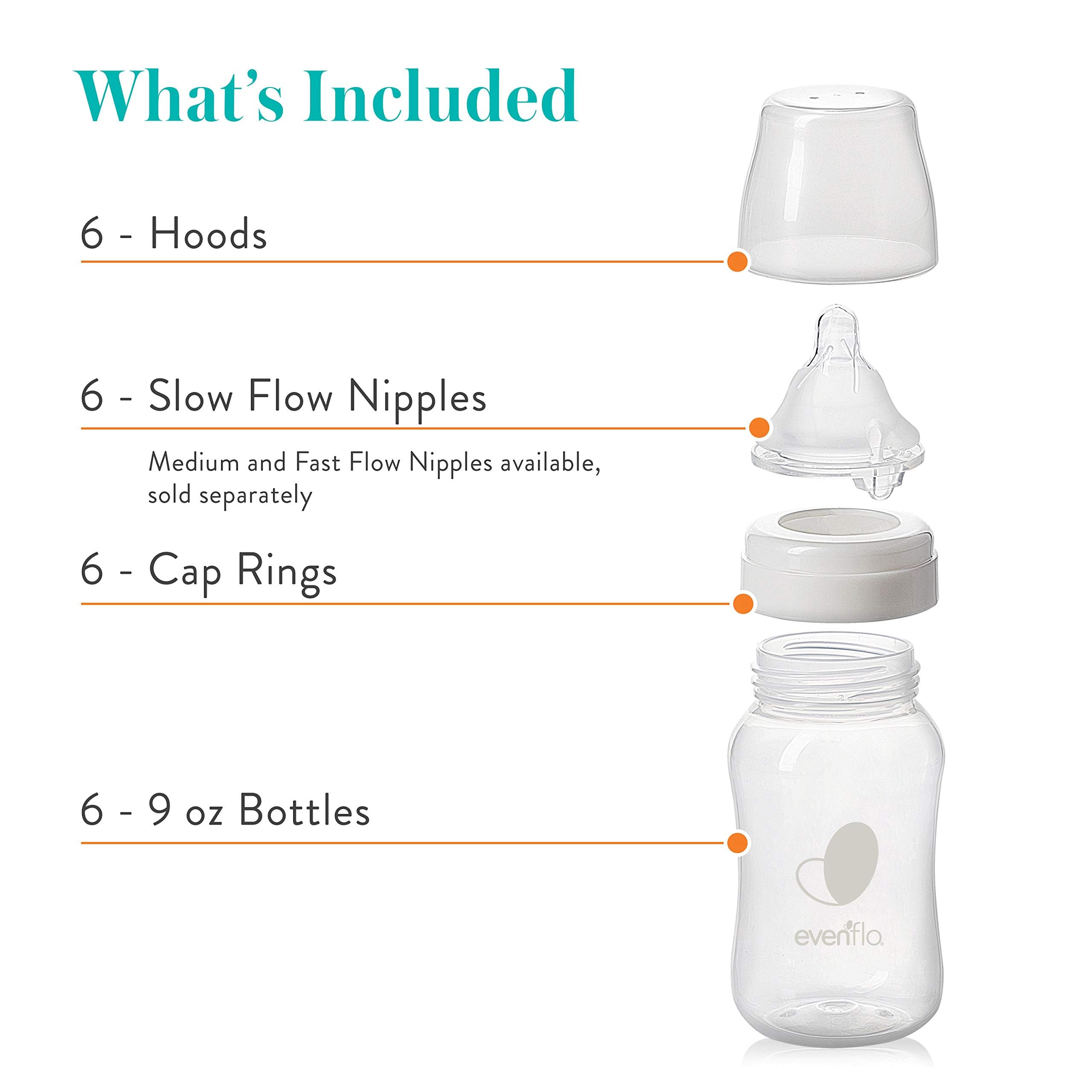 Evenflo bottle shows measurement markers in ounces and milliliters.