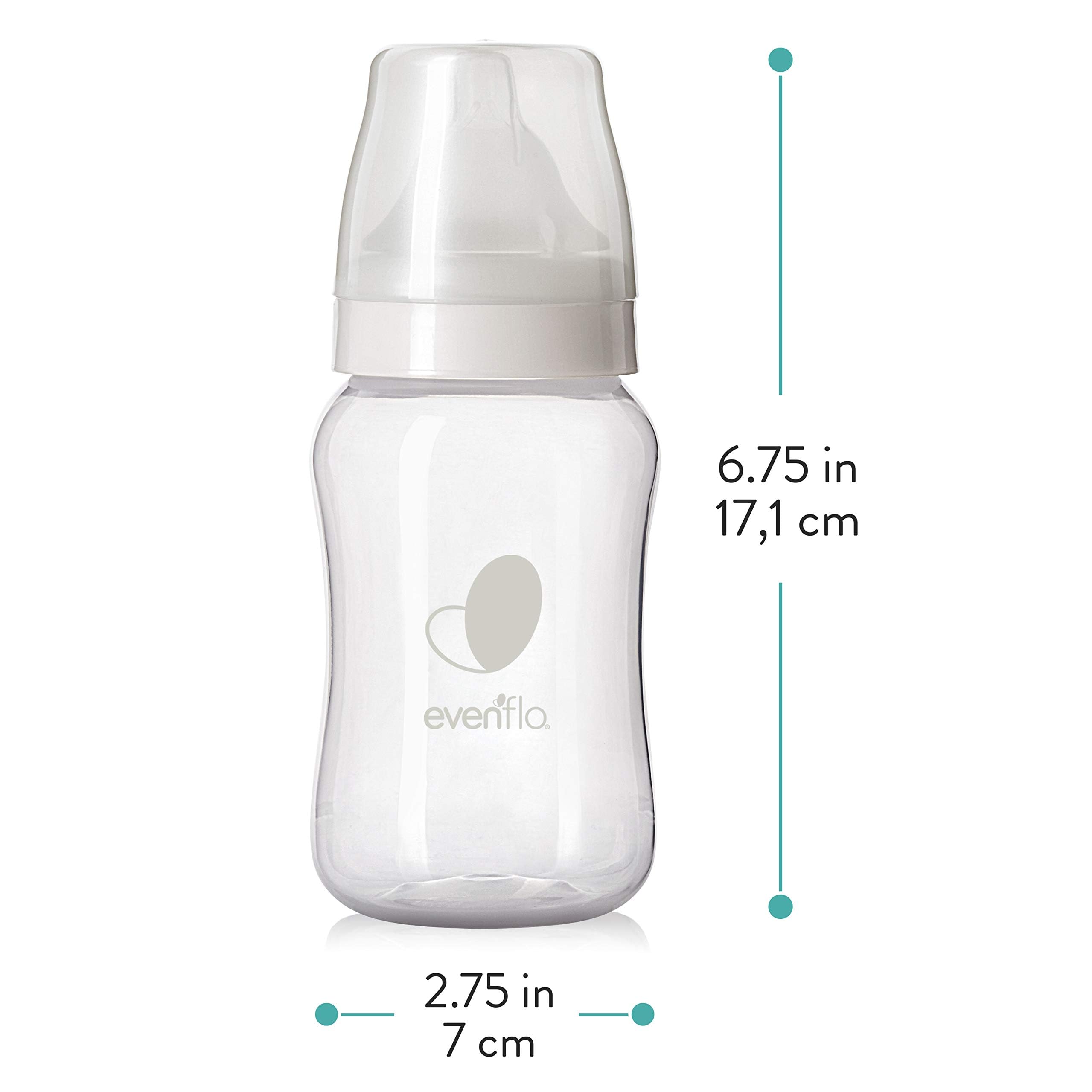Evenflo bottle with naturally sloped nipple and wide base promotes steady latch.