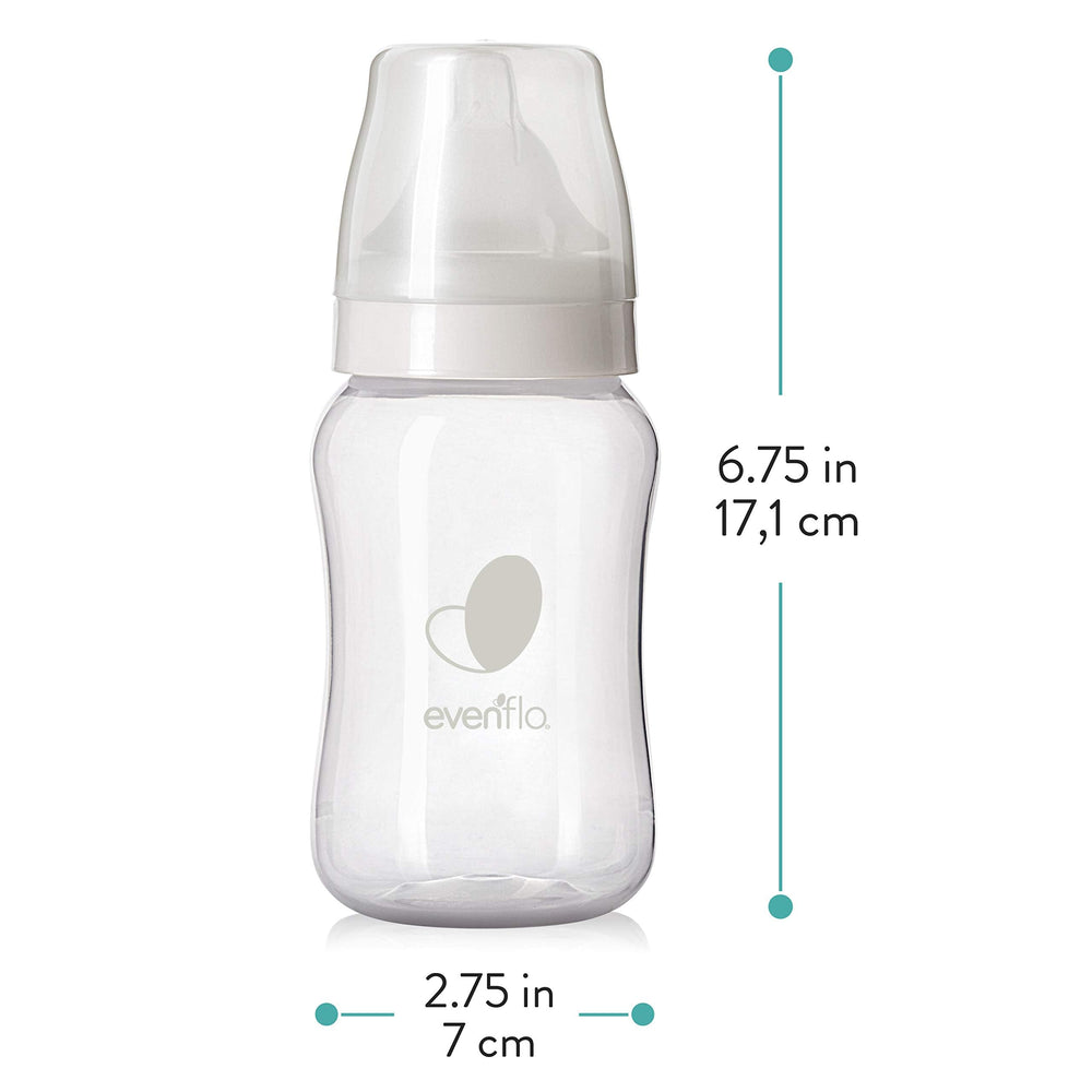 Evenflo bottle with naturally sloped nipple and wide base promotes steady latch.