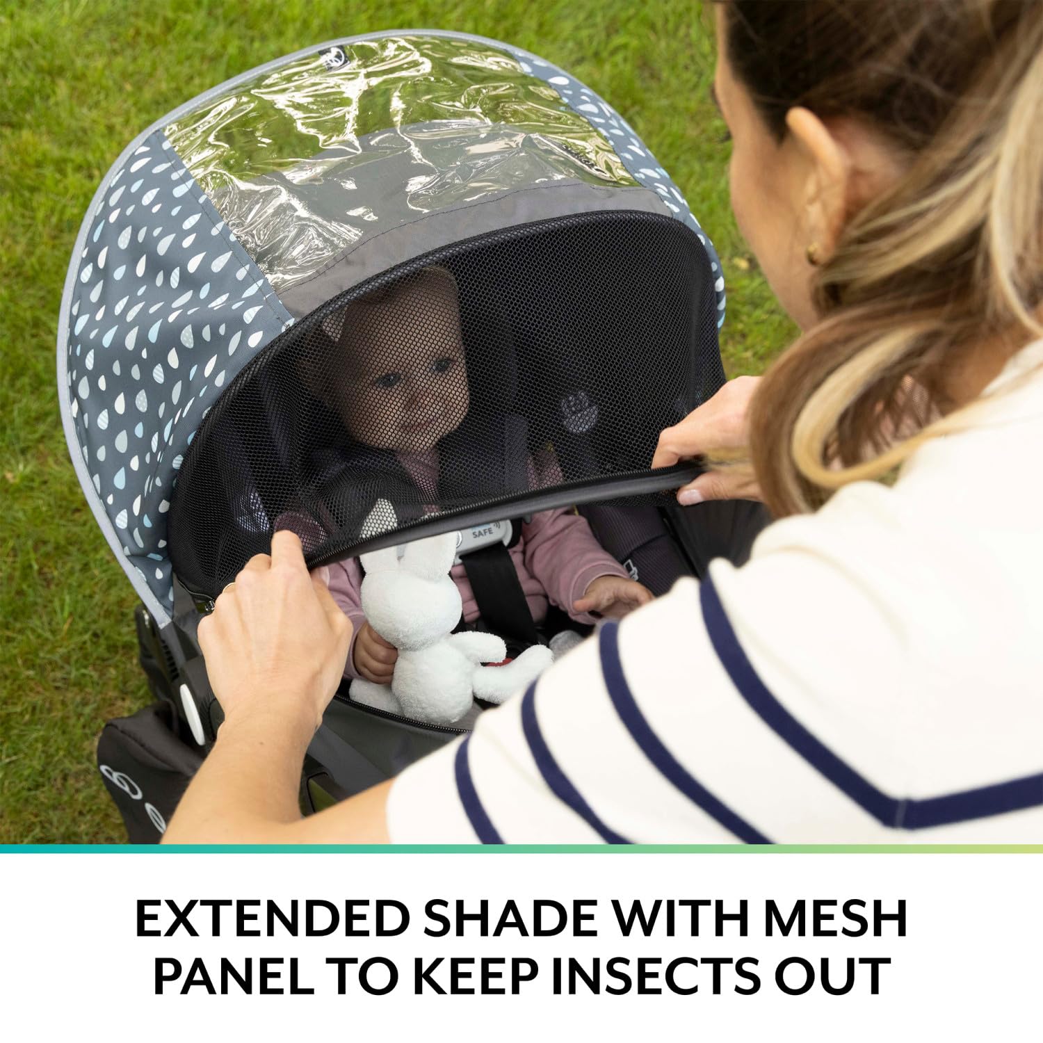 Evenflo Shyft lower rain cover unzips for easy access to child
