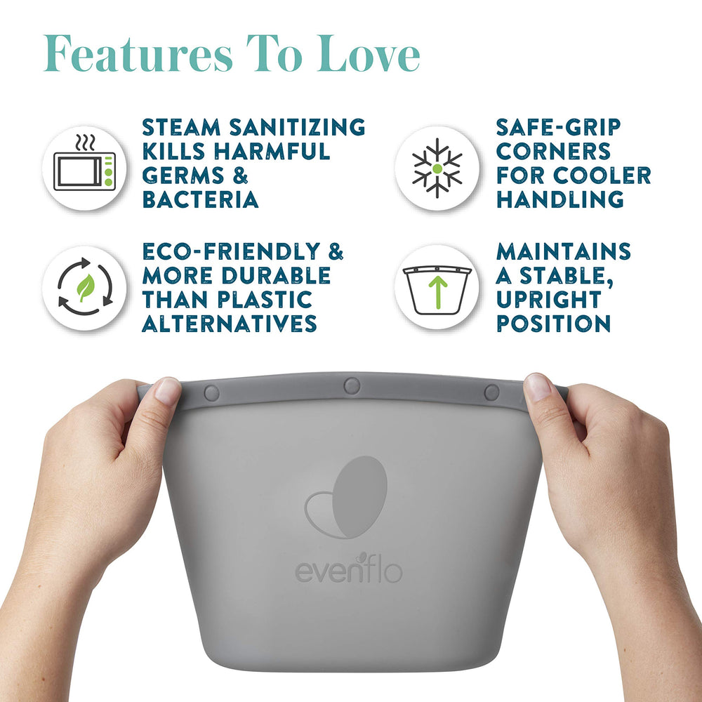Evenflo silicone steam sanitizing bag in-use on bottles and pacifiers