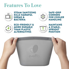 Evenflo silicone steam sanitizing bag in-use on bottles and pacifiers