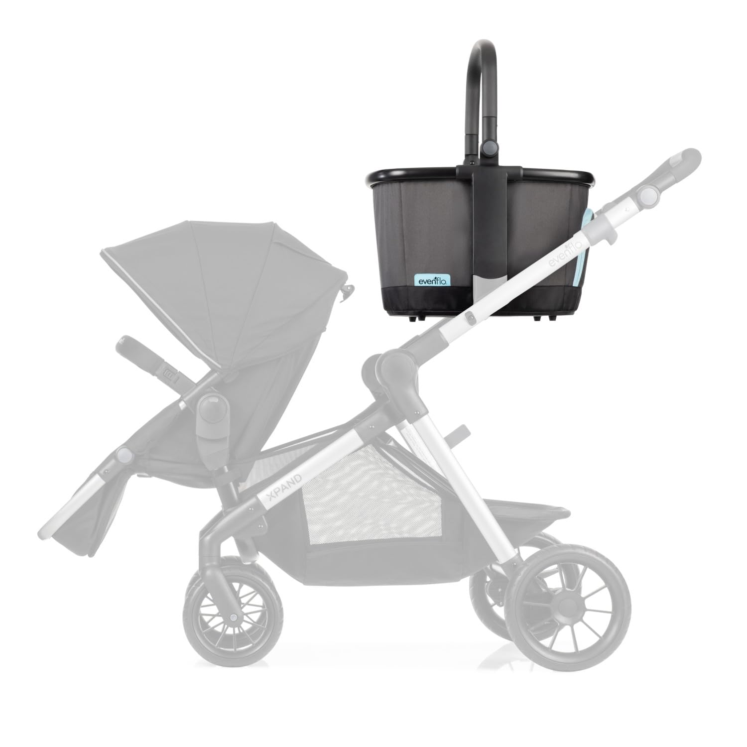 Evenflo Stroller Market Basket Gray Sky adjustable handle folded for storage