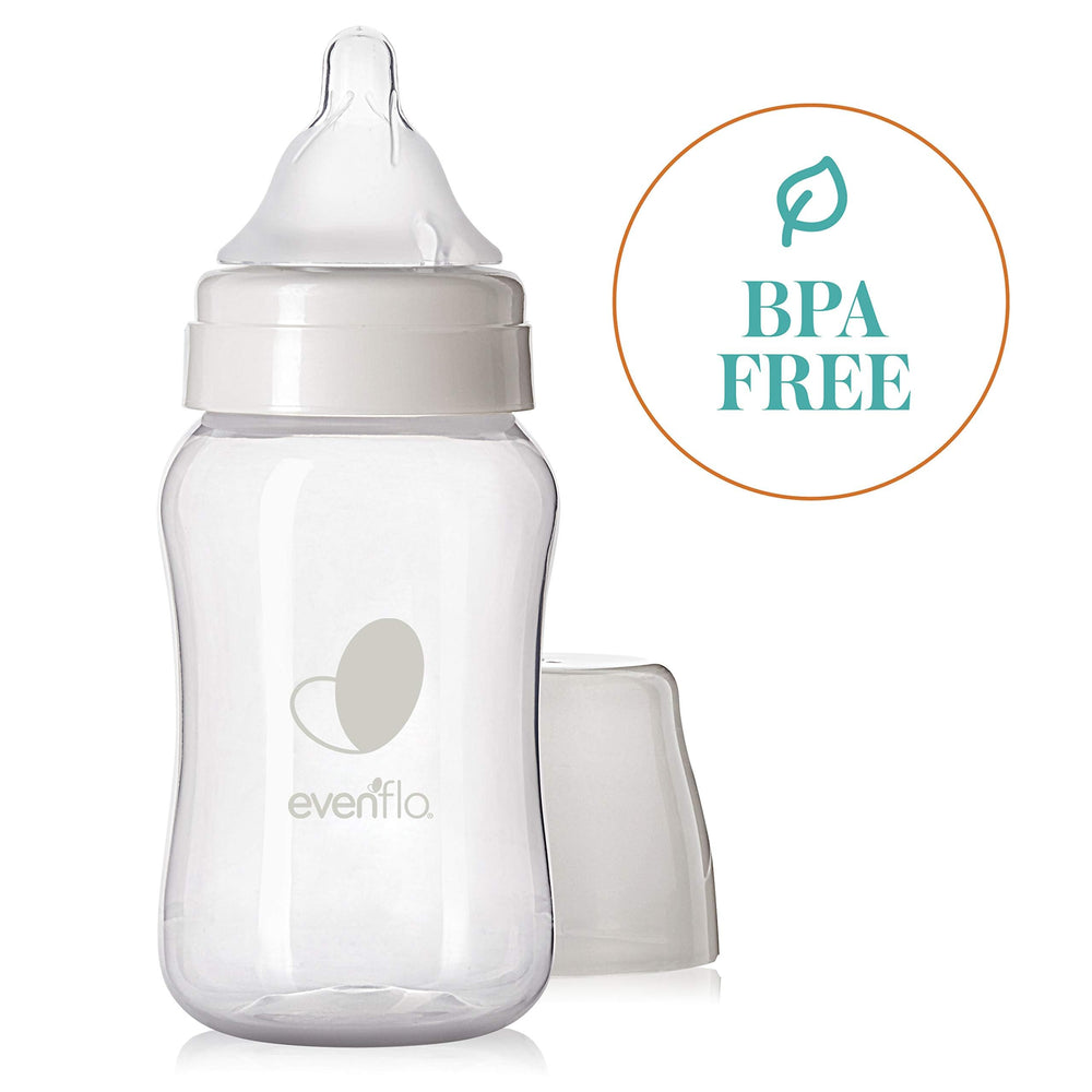 Evenflo Wide Neck bottle compatible with pump adapters for direct pumping.
