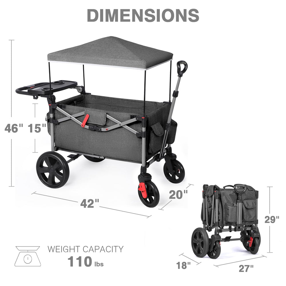 EVER ADVANCED Foldable Wagon kids seating shows two riders beside detachable canopy