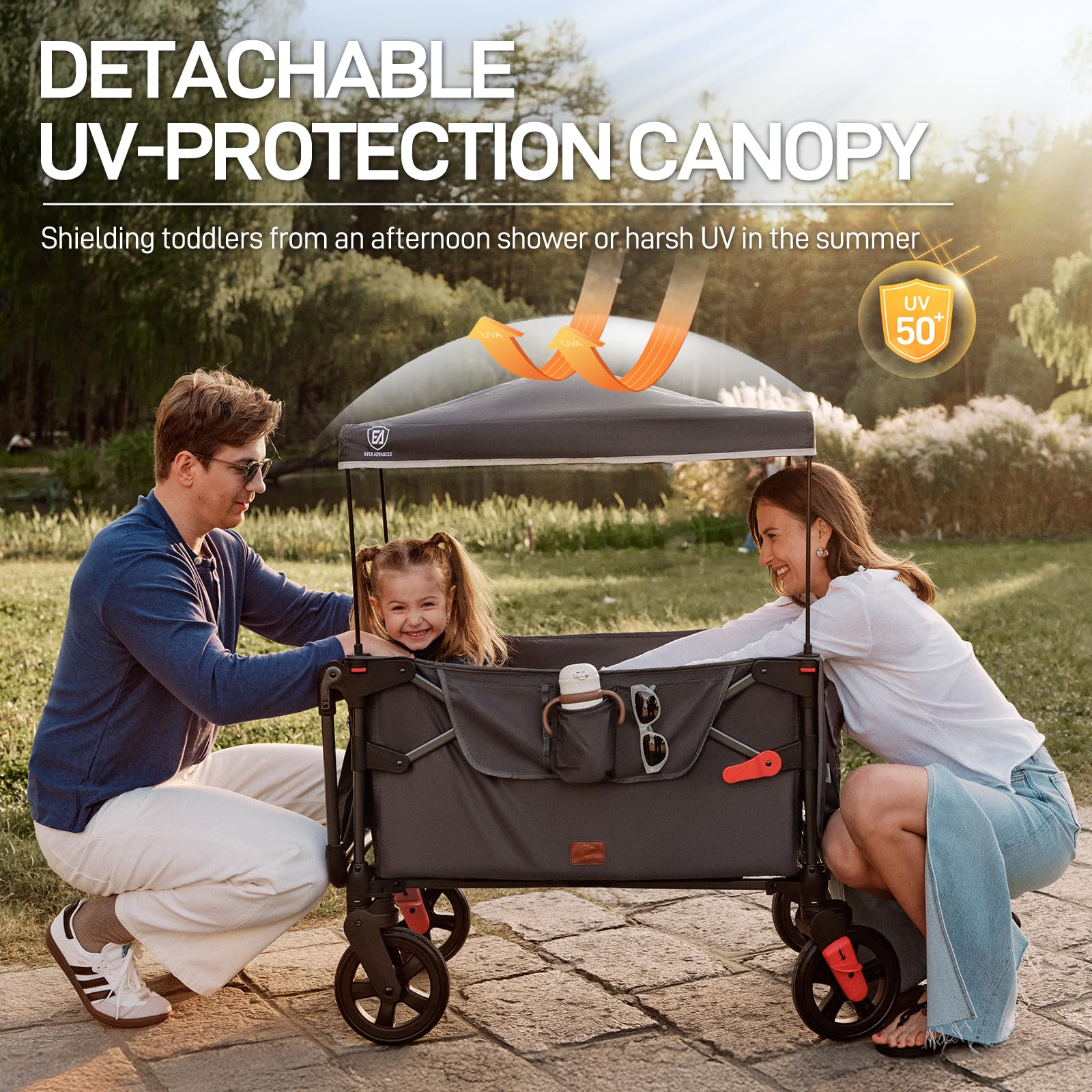Ever Advanced Ultra-Compact Wagon detachable canopy adds flexible shade during outings.