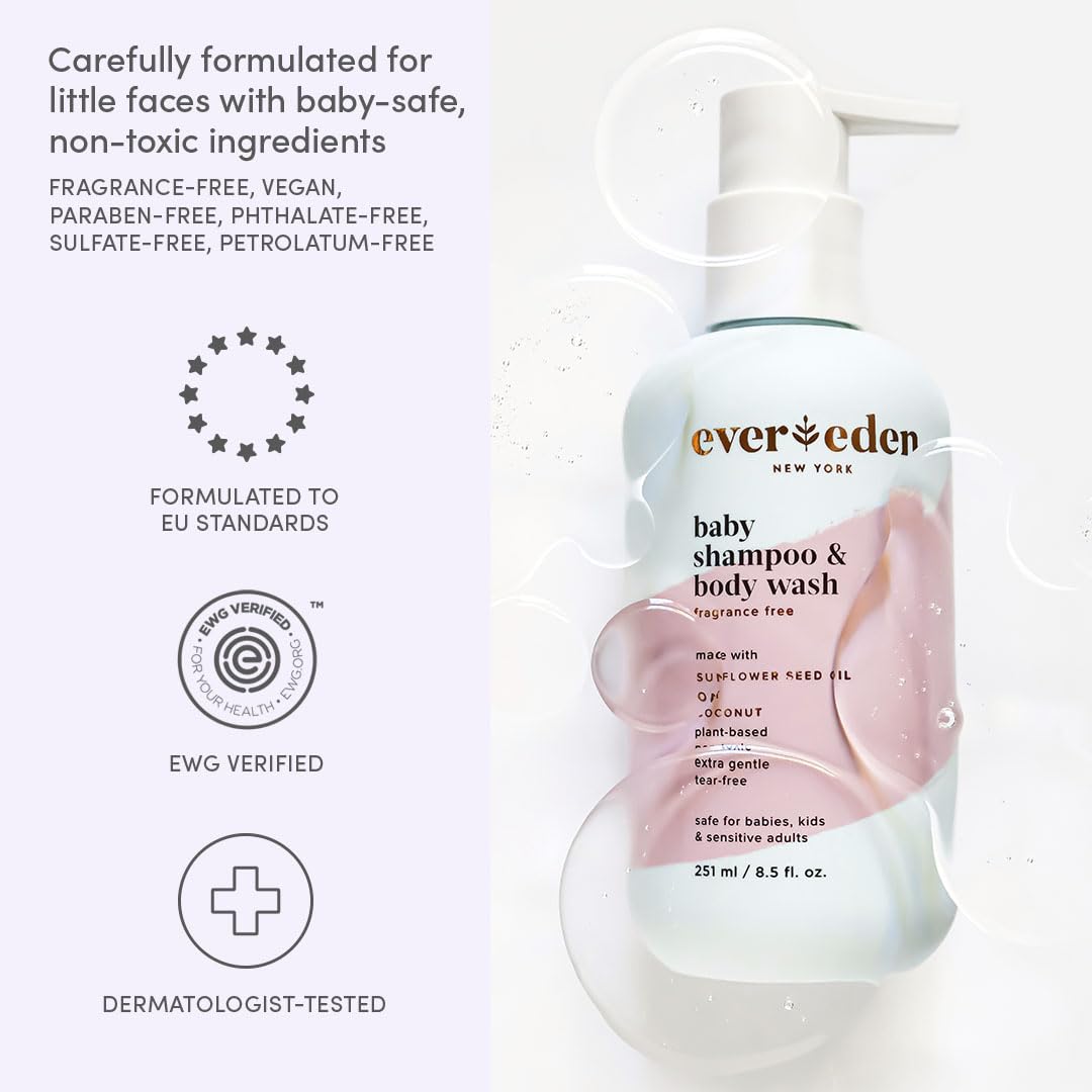 Evereden bottle close-up highlighting fragrance free, pH balanced care for sensitive skin