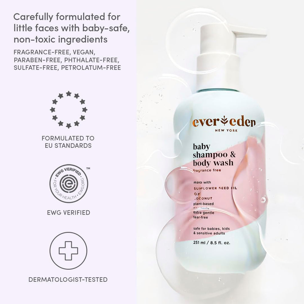 Evereden bottle close-up highlighting fragrance free, pH balanced care for sensitive skin