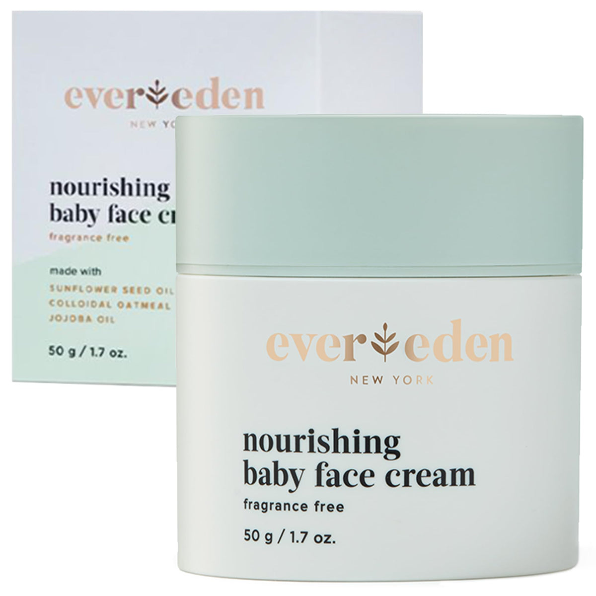 Evereden Nourishing Baby Face Cream packaging close-up shows clean ingredients for gentle baby care.