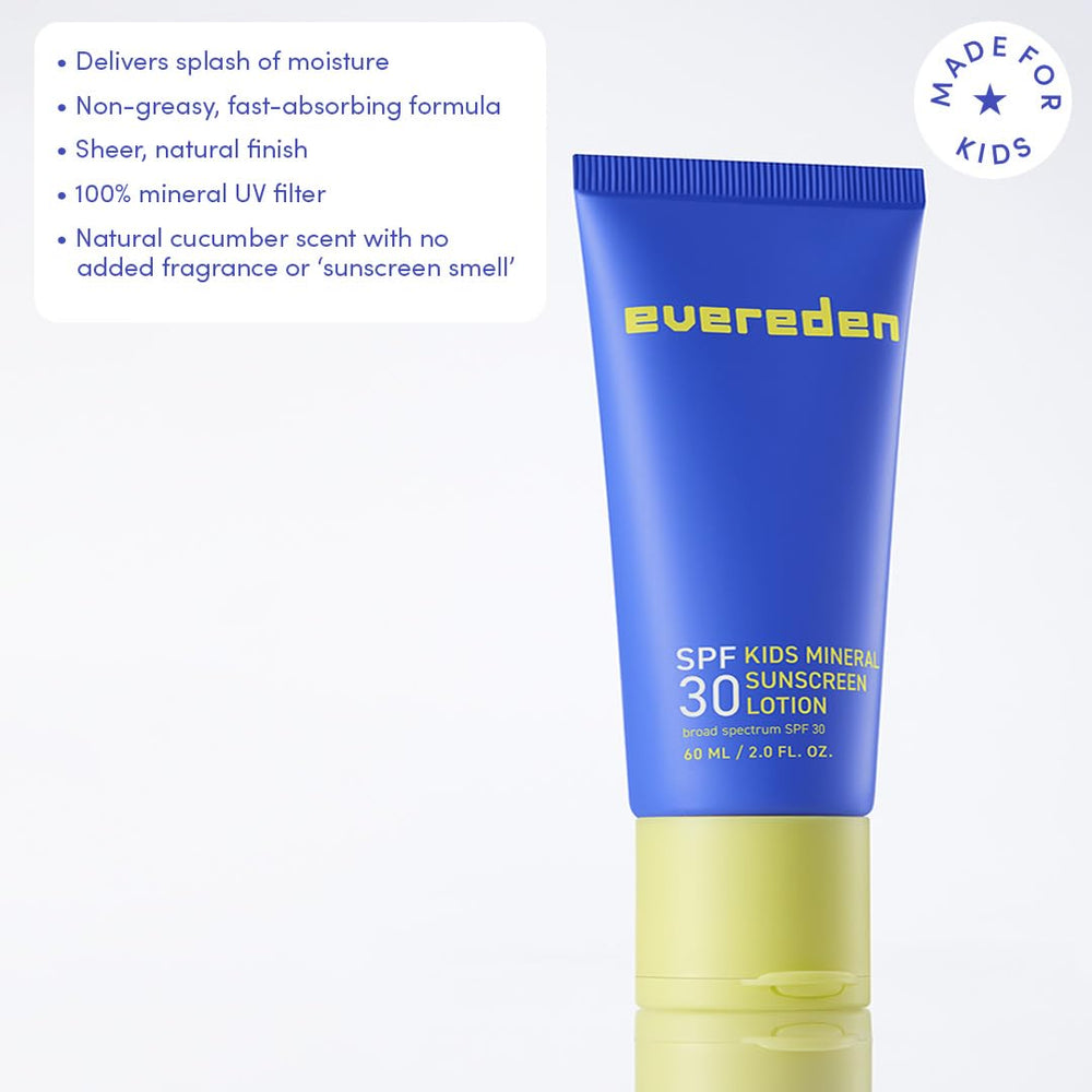 Evereden Premium Mineral Sunscreen SPF 30 on a child's face provides gentle UVA/UVB shield.