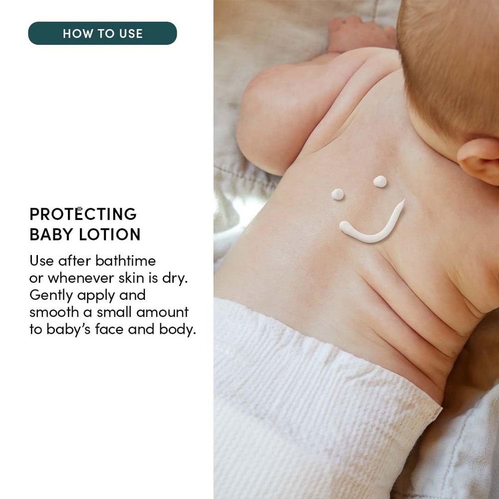 Evereden Protecting Baby Lotion ingredients scene showcases sunflower, avocado, and coconut oils.