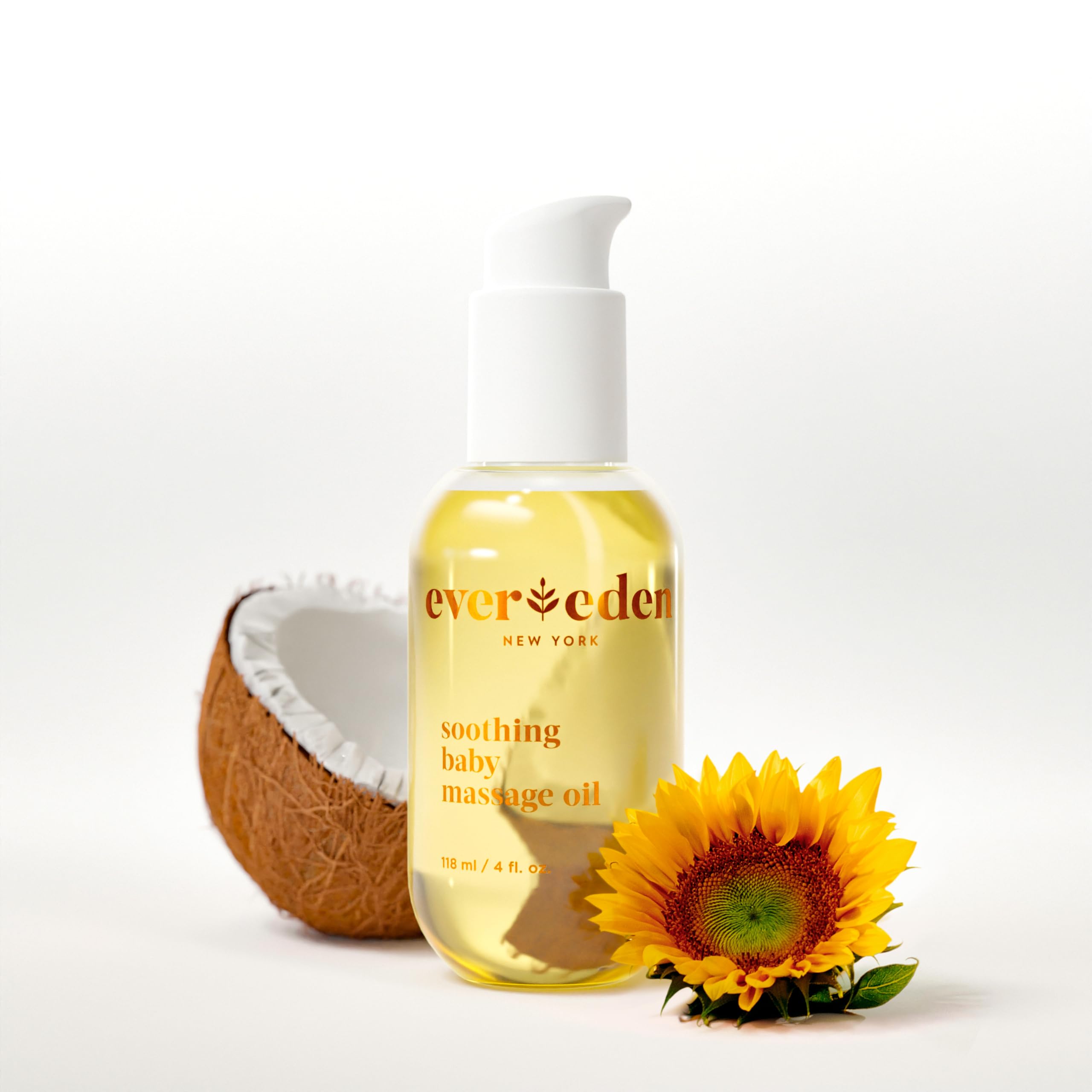 Evereden soothing baby massage oil bottle shows clean ingredients for delicate skin.