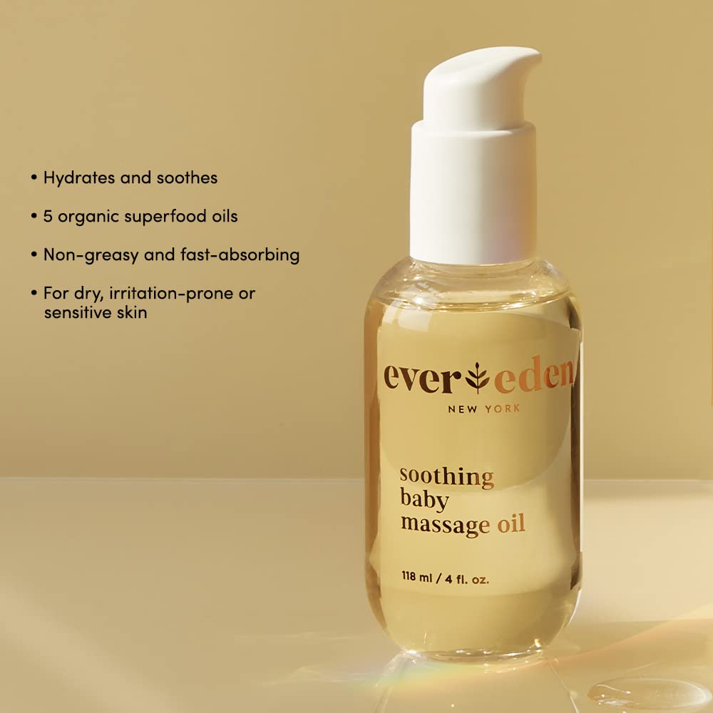 Evereden massage oil being poured during a calming baby massage.