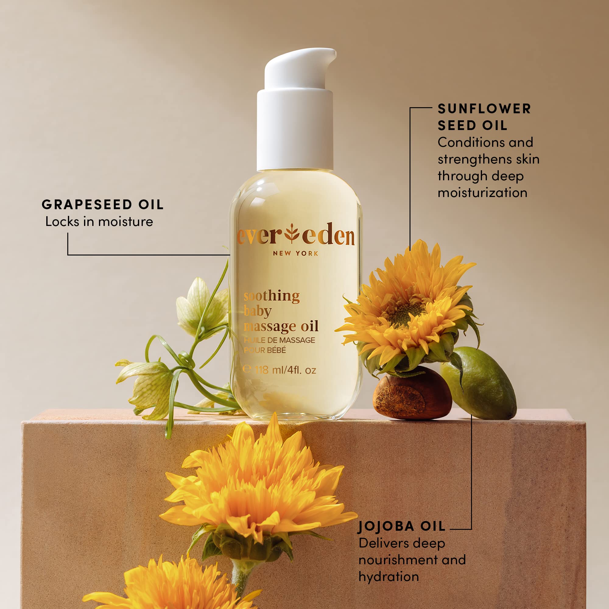 Evereden soothing baby massage oil texture close-up reveals satin, fast-absorbing formula.