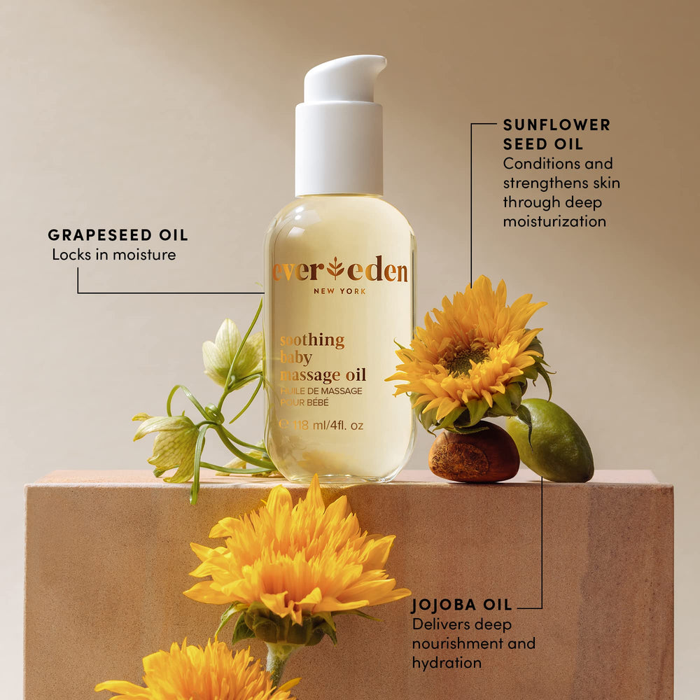 Evereden soothing baby massage oil texture close-up reveals satin, fast-absorbing formula.