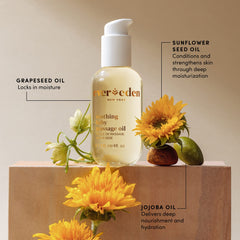 Evereden soothing baby massage oil texture close-up reveals satin, fast-absorbing formula.