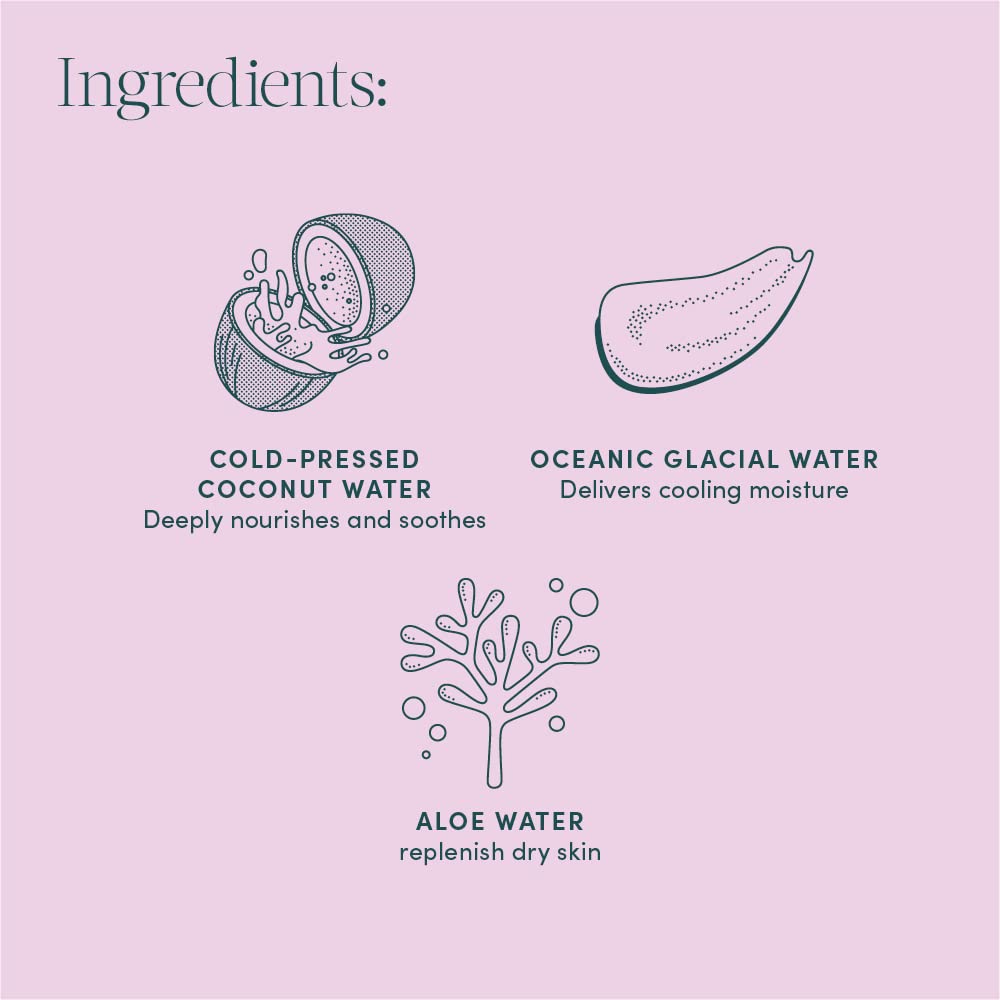 Evereden Tri-Water Face Cream glacier water splash highlights refreshing after sun exposure.