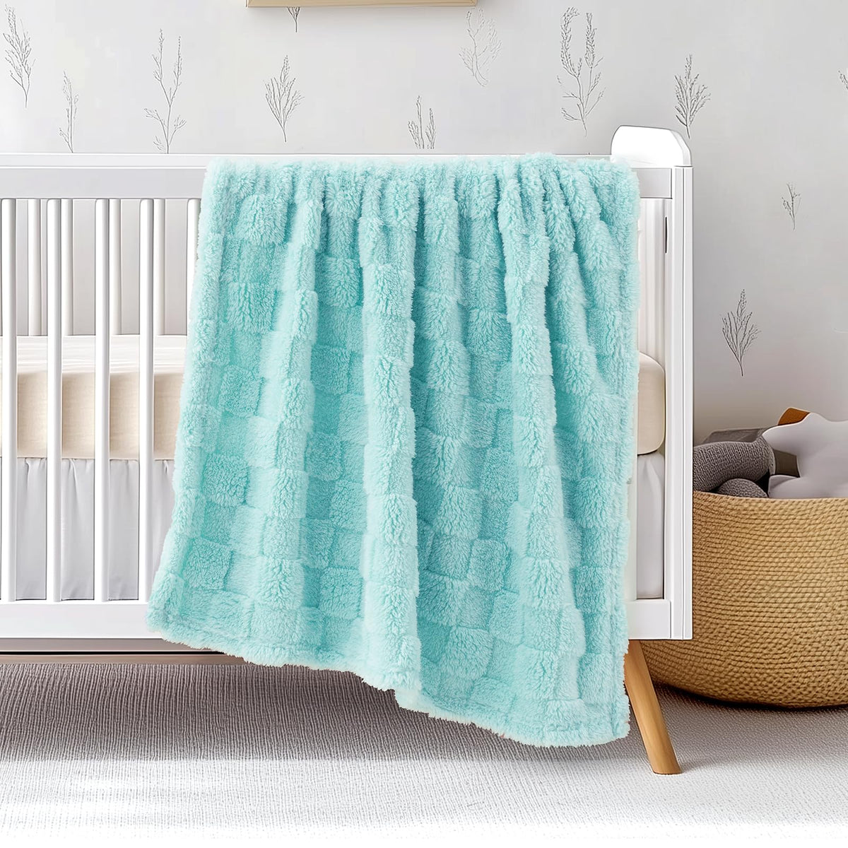 EverGraceHome checkered blanket aqua blue close-up highlighting plush fleece for cozy snuggles.