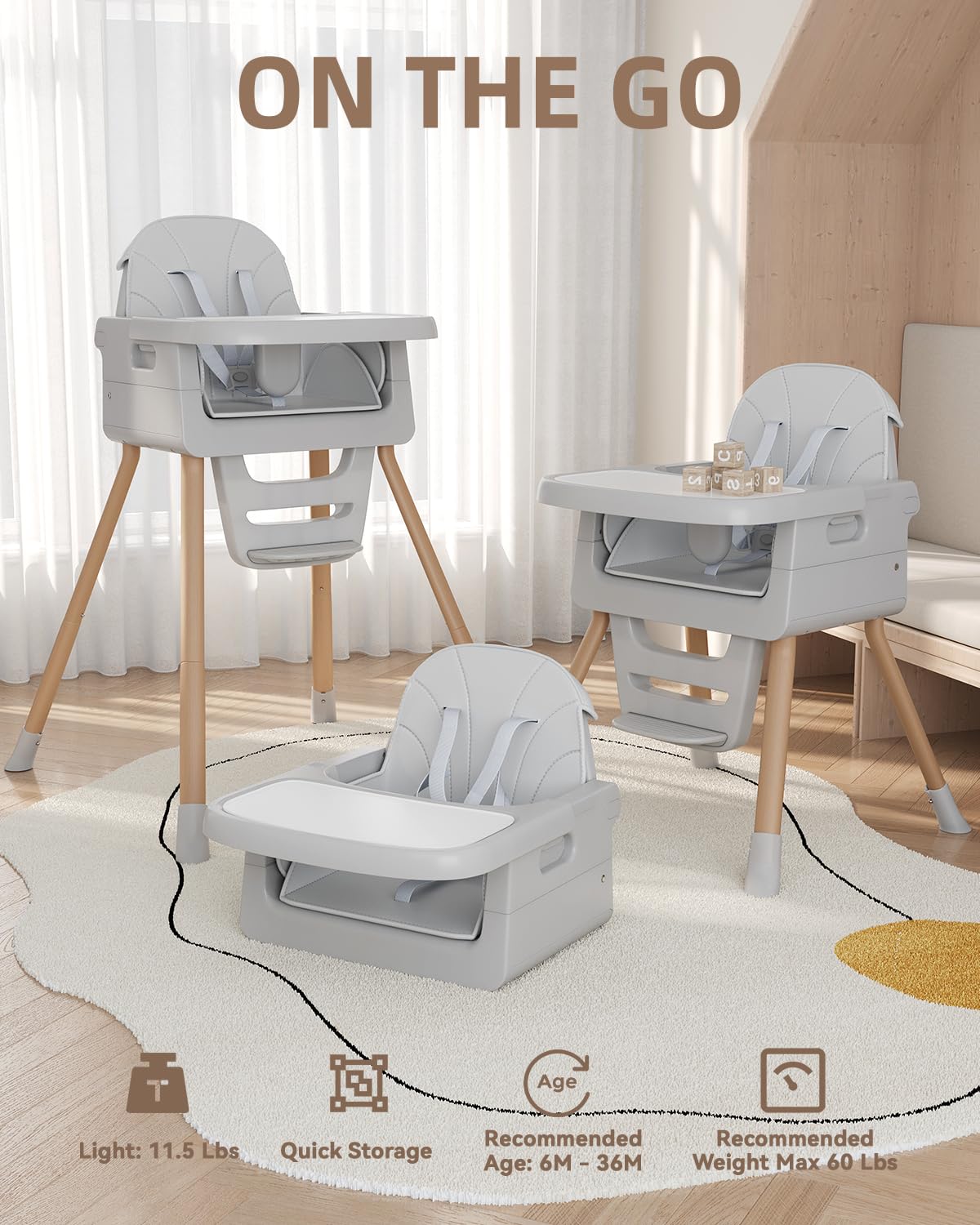 EverKiddo baby high chair showing four growth modes for meals and play.