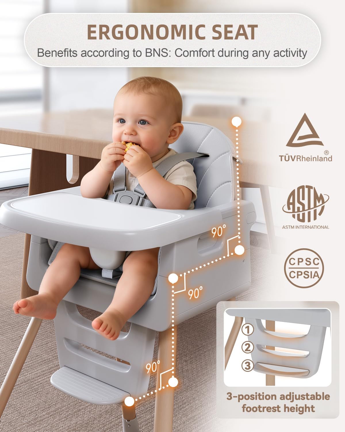 EverKiddo baby high chair with 5-point harness keeps child secure during meals.