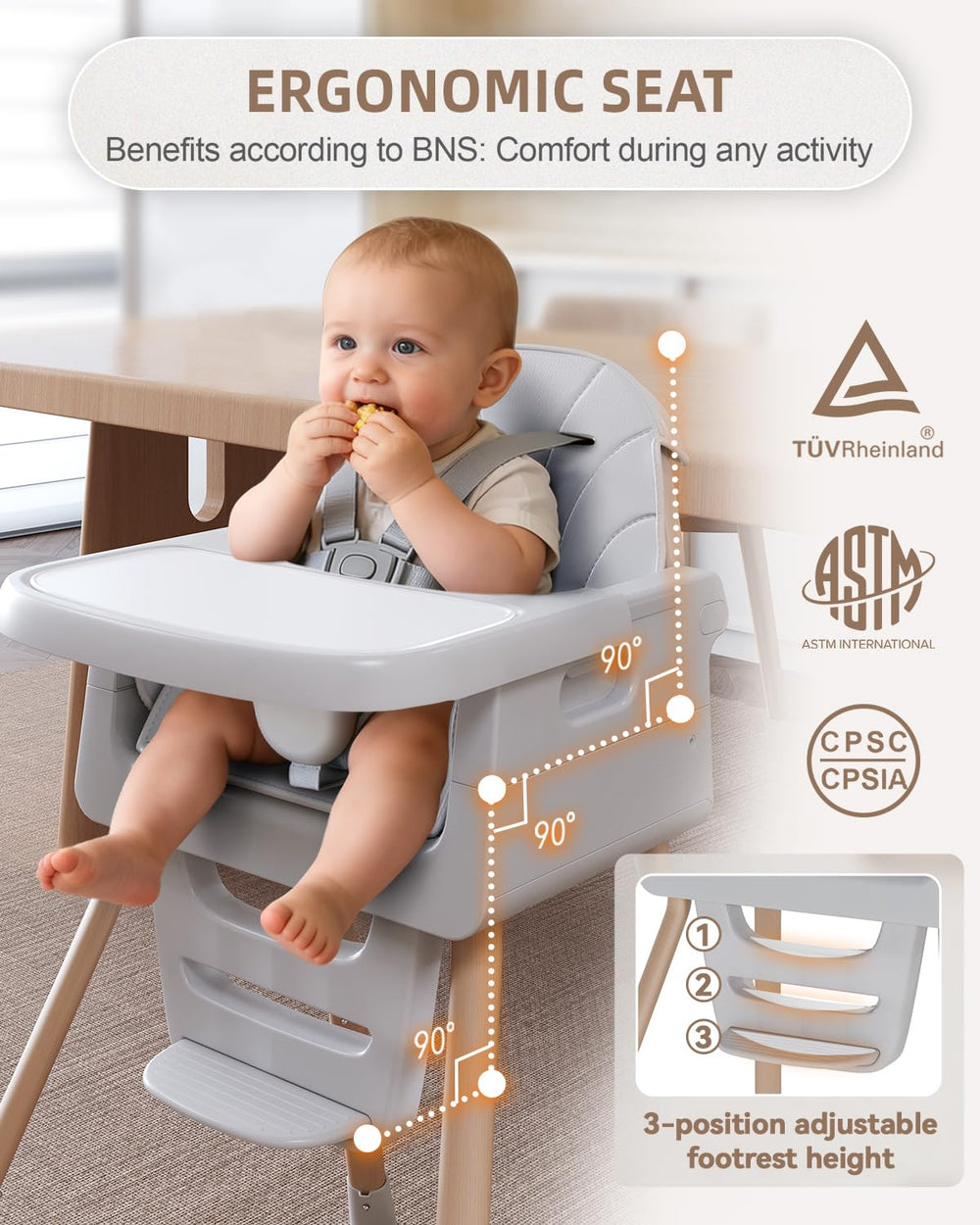 EverKiddo baby high chair with 5-point harness keeps child secure during meals.