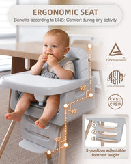 EverKiddo baby high chair with 5-point harness keeps child secure during meals.