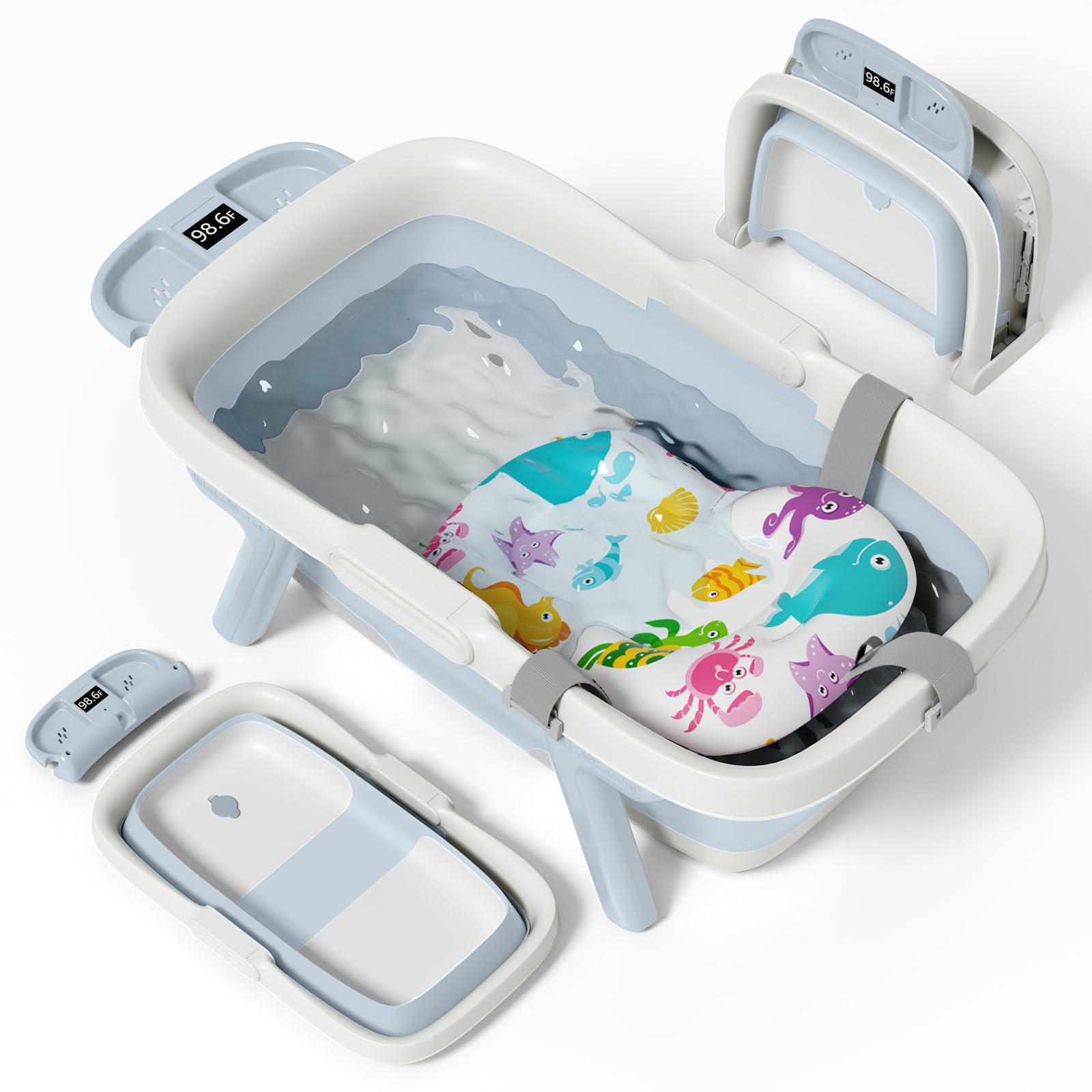 EverKiddo collapsible bathtub in blue shows spacious design for comfortable newborn baths.