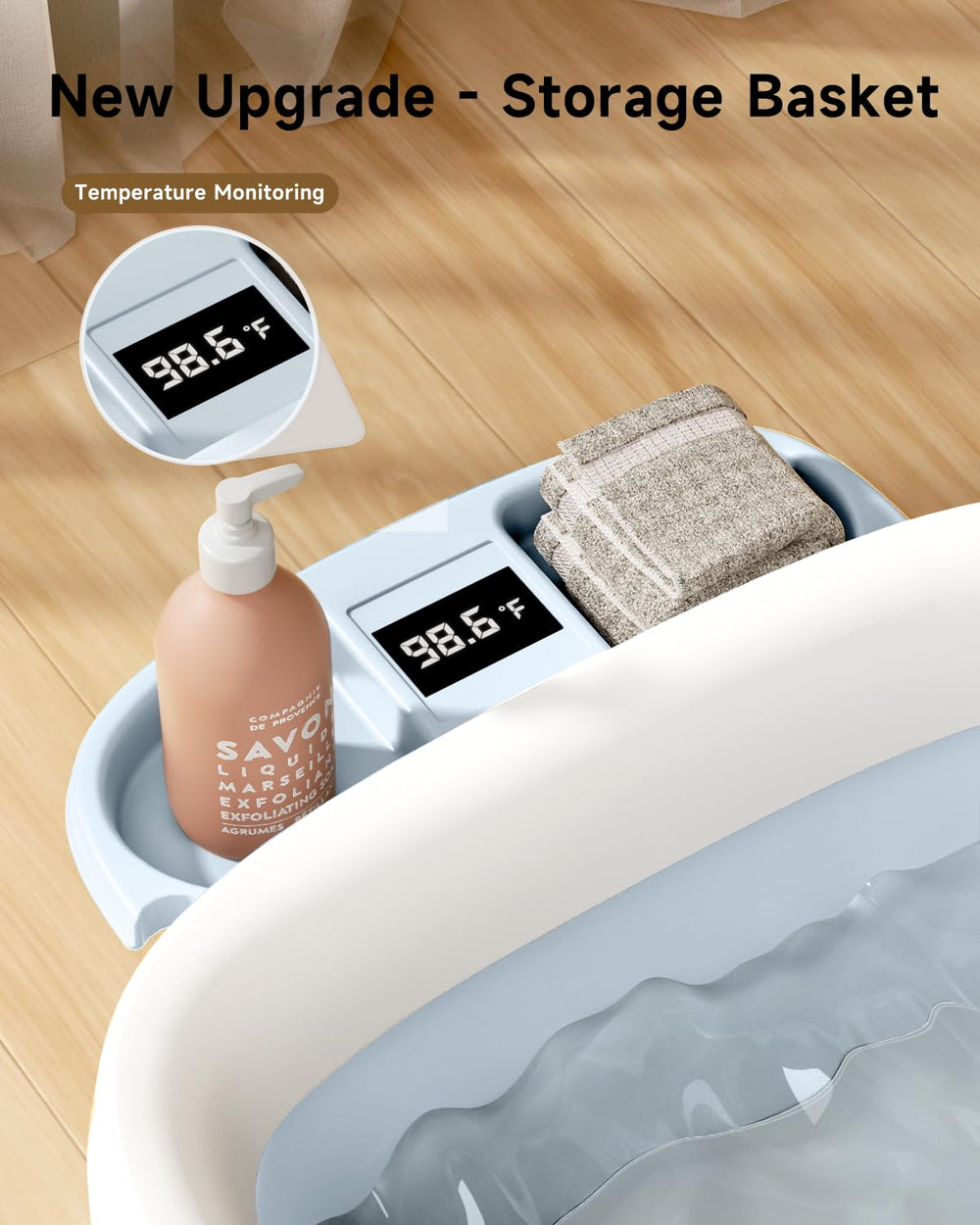 EverKiddo blue tub with thermometer display supports safe water temperature during baths.