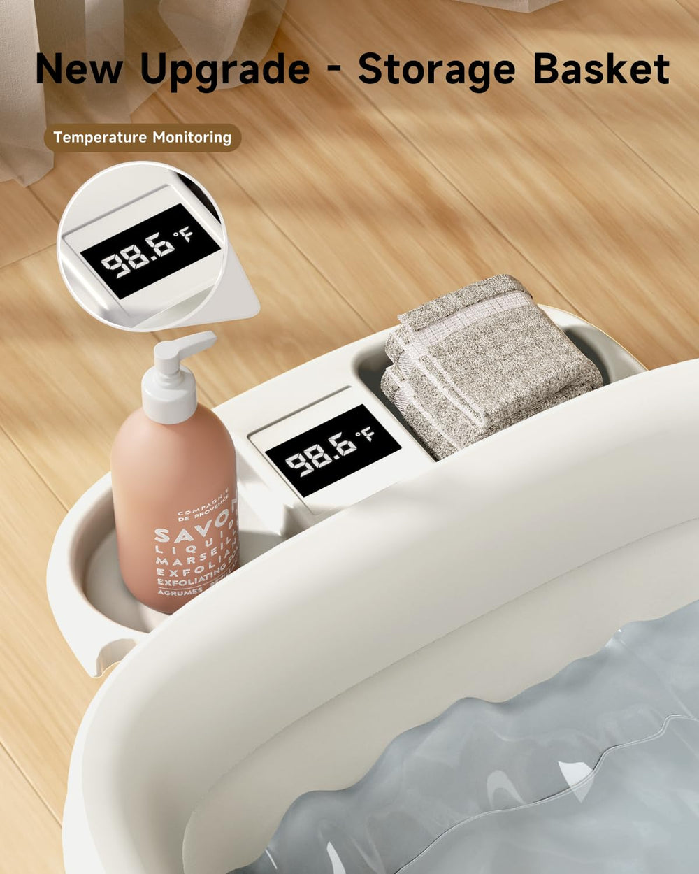 EverKiddo Collapsible Baby Bathtub cushion detail highlights detachable animal-pattern head support