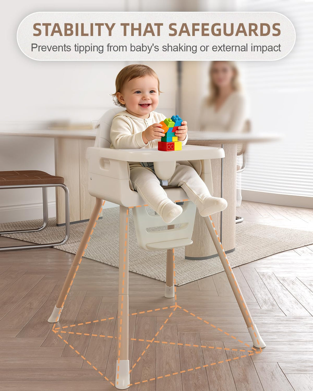 EverKiddo high chair 3-level footrest supports growing posture.
