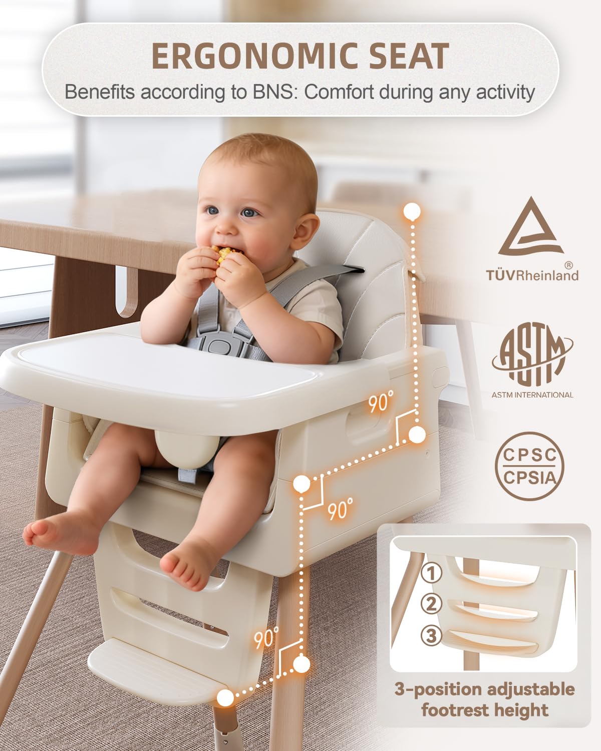 EverKiddo high chair with 5-point harness for secure meals.