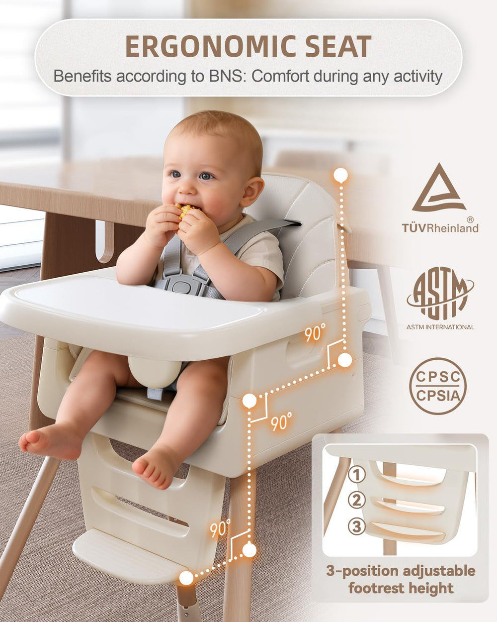 EverKiddo high chair with 5-point harness for secure meals.