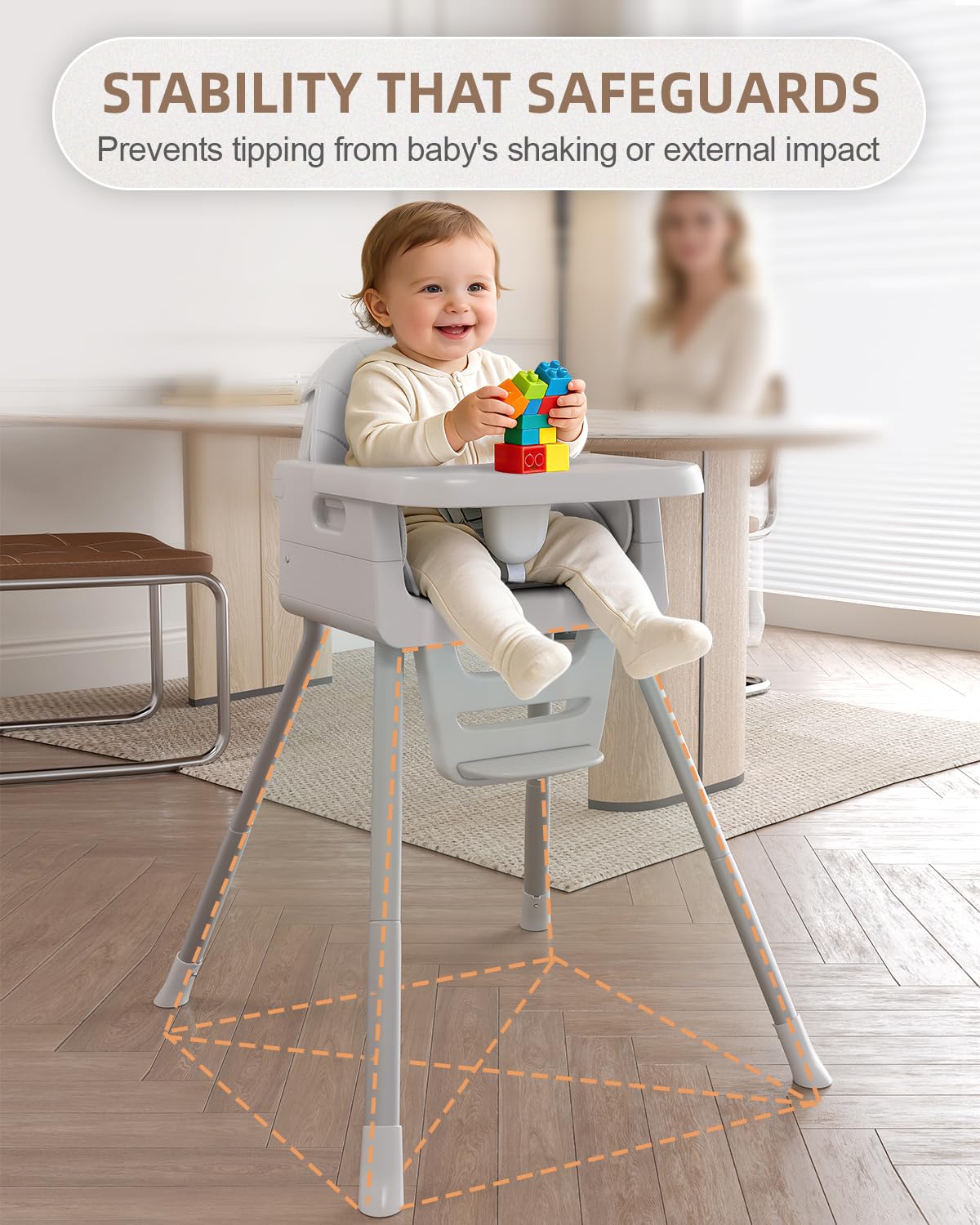 EverKiddo high chair adjustable-footrest offers comfortable leg support during meals.