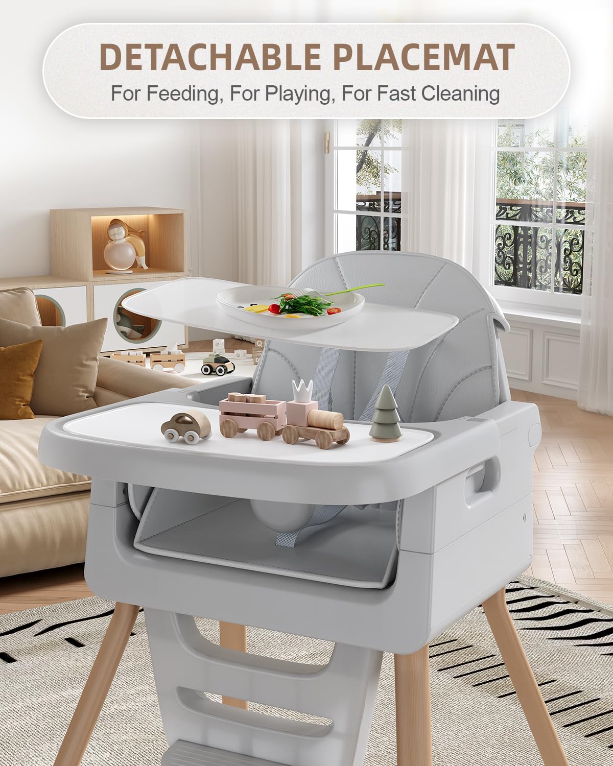 EverKiddo high chair adjustable tray adapts to different table heights.