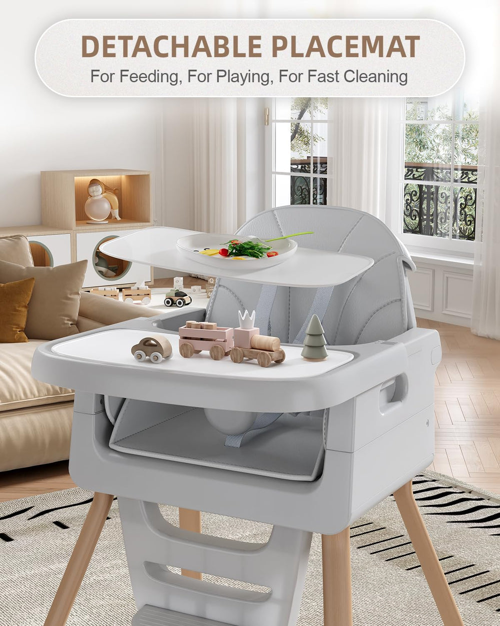 EverKiddo high chair adjustable tray adapts to different table heights.