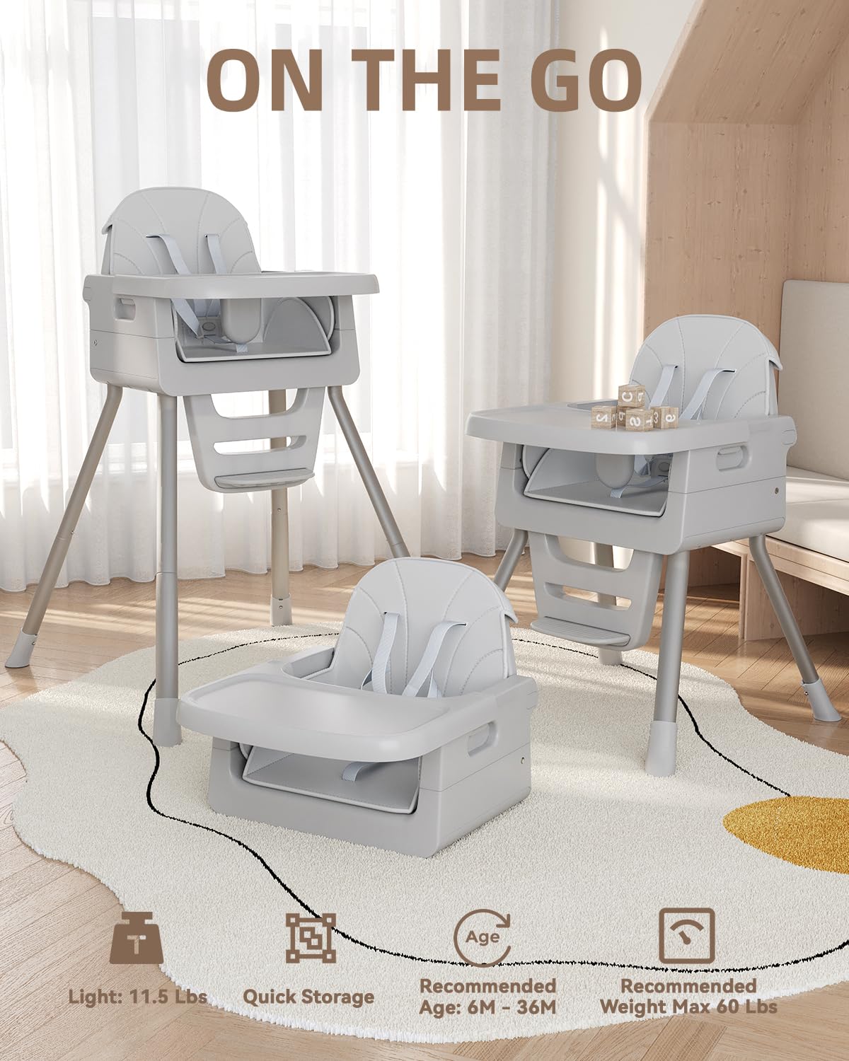 EverKiddo high chair convertible-modes supports growth from solids to toddler dining.