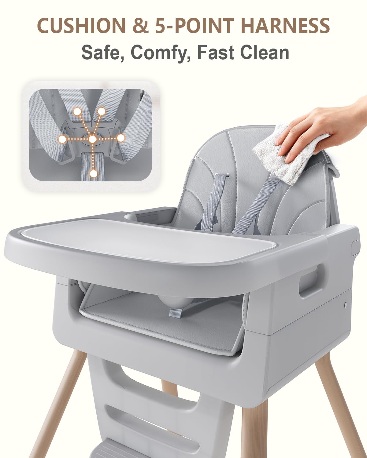 EverKiddo high chair dishwasher-safe tray for quick post-meal cleanup.