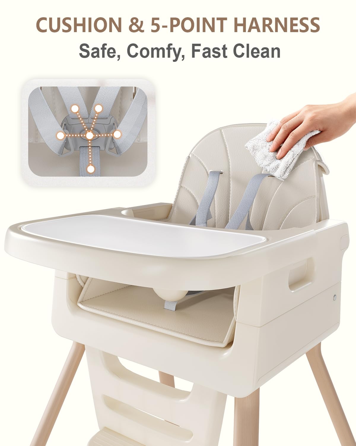 EverKiddo high chair machine-washable seat pad for quick cleaning.