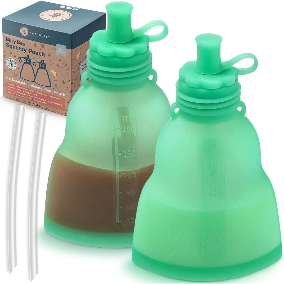 Everusely reusable baby food pouch green two-pack front view for mess-free meals