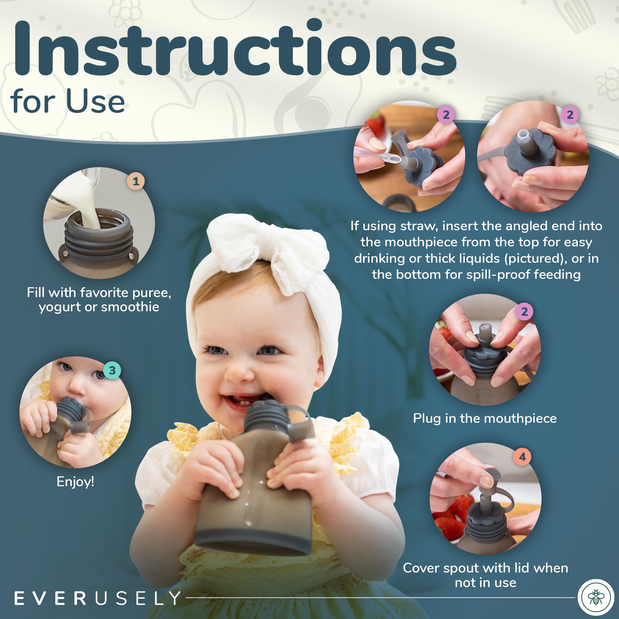 Everusely reusable baby food pouch green two-pack nozzle close-up showing spill-control