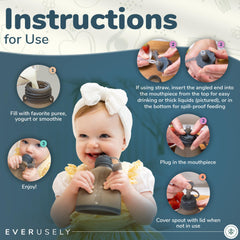 Everusely reusable baby food pouch green two-pack nozzle close-up showing spill-control