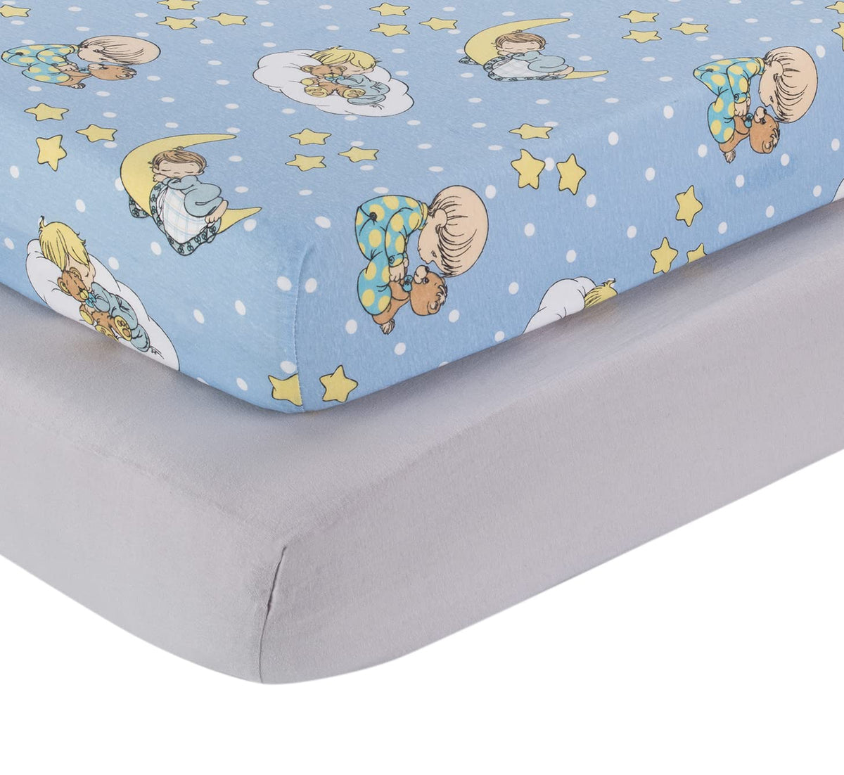 Everyday Kids 2-pack crib sheets in blue-yellow Precious Moments design for soft, breathable baby sleep.