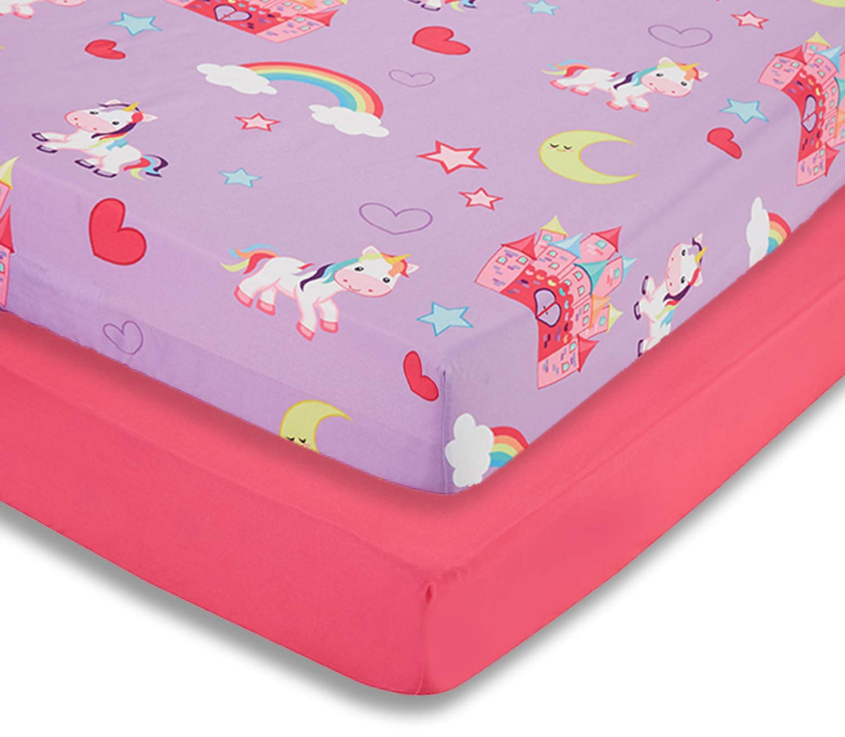 EVERYDAY KIDS 2-pack fitted crib sheets in unicorns and hot pink offering soft, breathable sleep surface